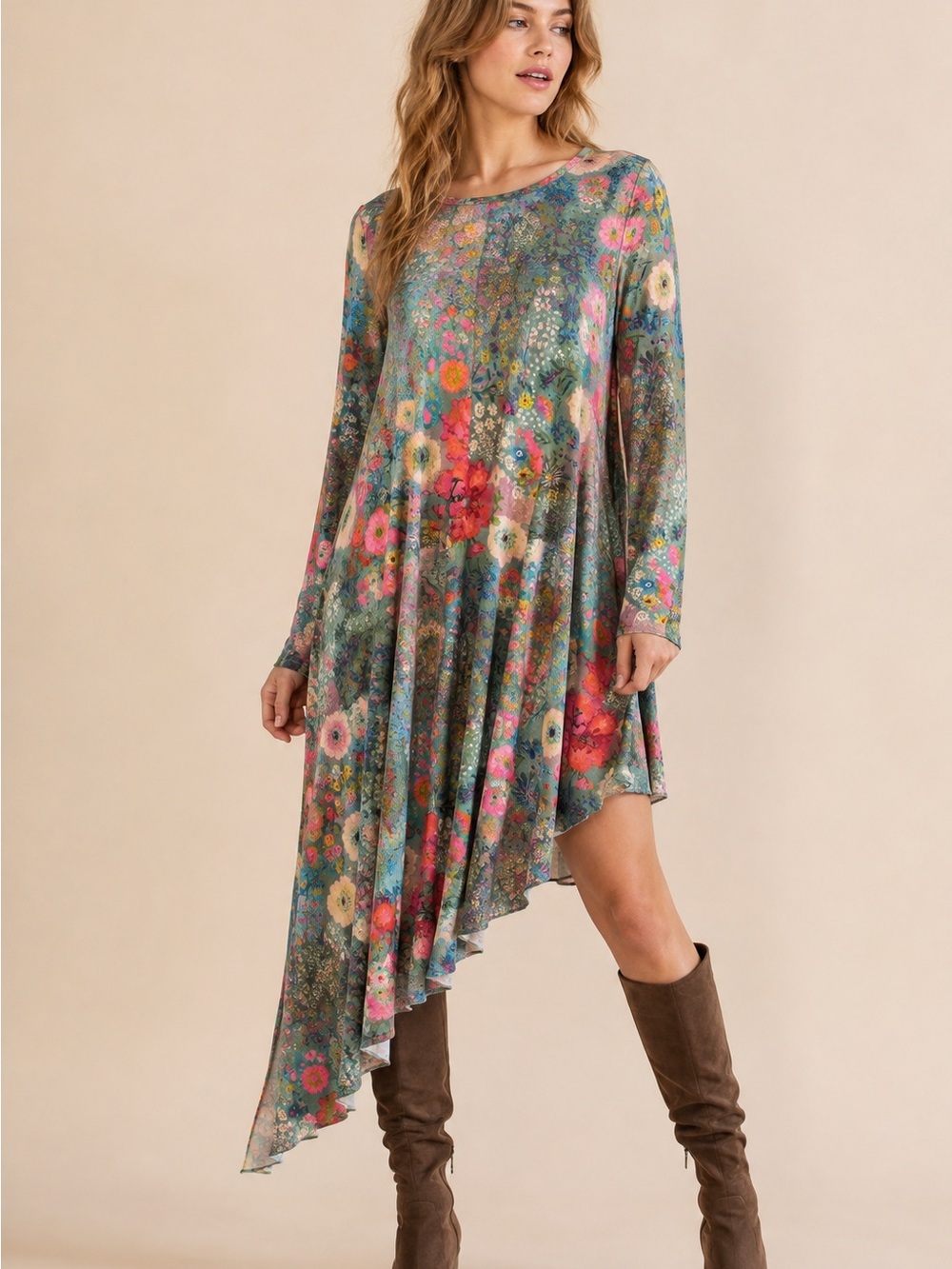 NATURAL LIFE Teal Floral Maxi Dress with Coral and Yellow Blooms SZ med